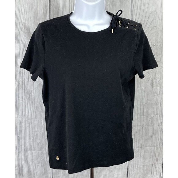 Lauren Ralph Lauren Tops - Lauren Ralph Lauren Womens Medium Black Short Sleeve Shirt Tie Accent Shoulder